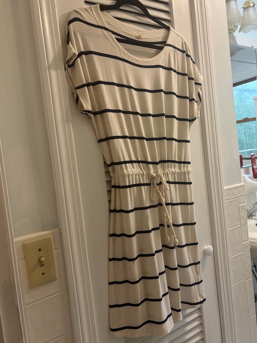 J. Crew Cream Dress with Charcoal Stripes and Drawstring Waist